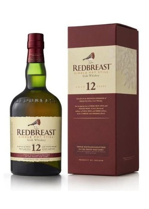 Redbreast 12 Year Old Single Pot Still Irish Whiskey bottle and box with red foil cap
