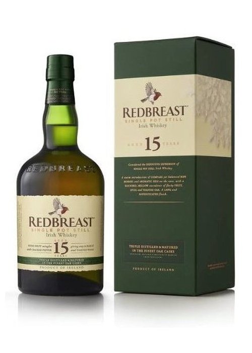Redbreast 15 Year Old Single Pot Still Irish Whiskey bottle and box with cream label
