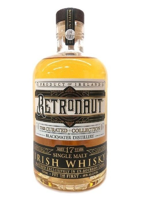 Retronaut 17 Year Old Single Malt Irish Whisky limited edition bottle with black cap and gold label