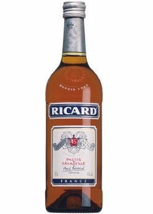 Ricard 700mL French pastis liqueur in amber glass bottle with silver cap and blue label