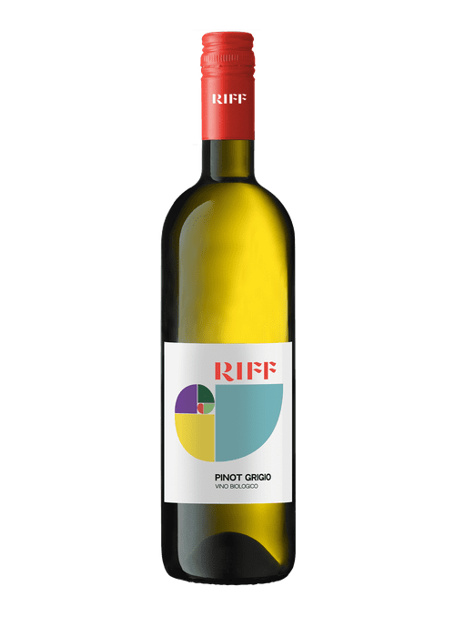 Riff Pinot Grigio white wine bottle with organic label and geometric logo