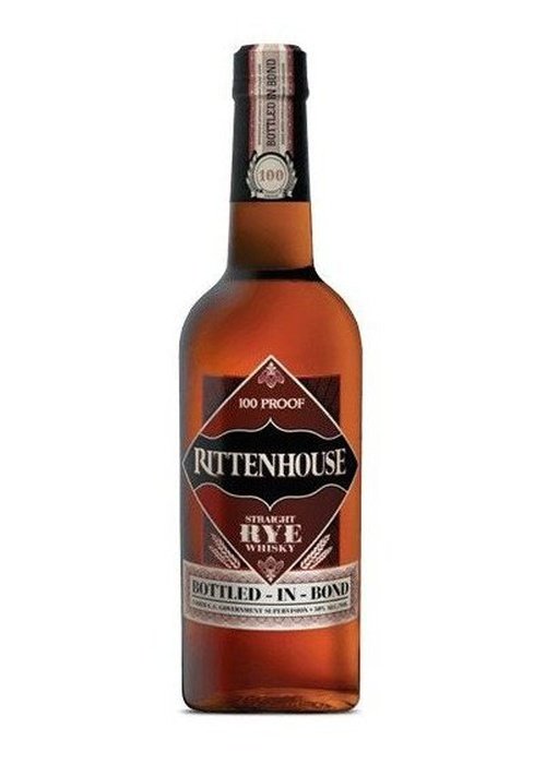 Rittenhouse Rye 100 Proof Straight Whisky bottle with diamond label and wheat design