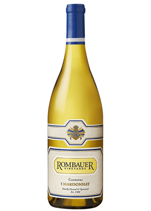 Rombauer Carneros Chardonnay white wine bottle with cream label and gold shield emblem