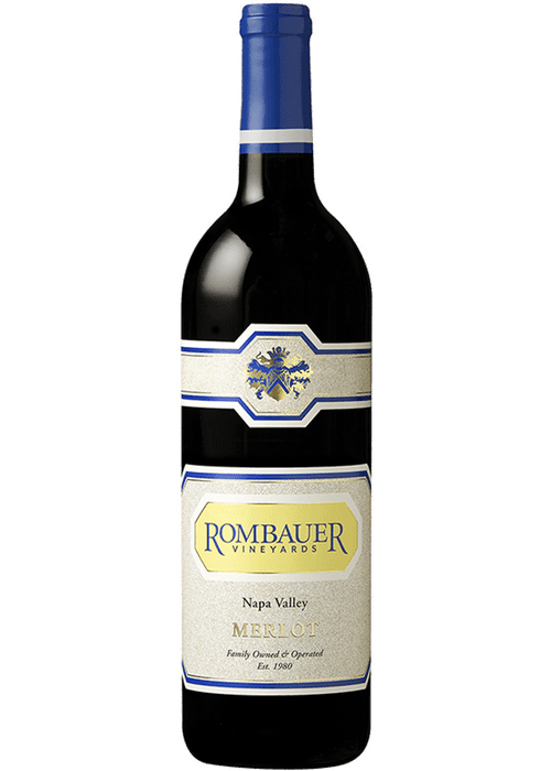 Rombauer Napa Valley Merlot red wine bottle with blue foil and cream label