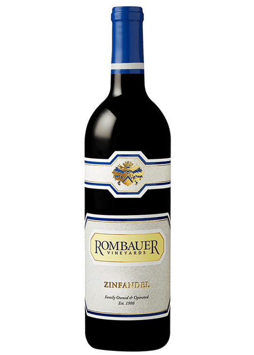 Rombauer Zinfandel red wine bottle with gold and blue crest label