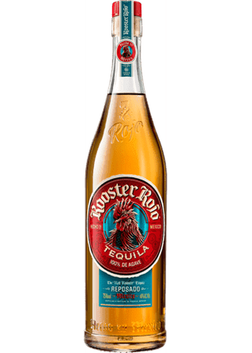 Rooster Rojo Reposado 700ml 100% de Agave tequila bottle with amber liquid and red rooster label