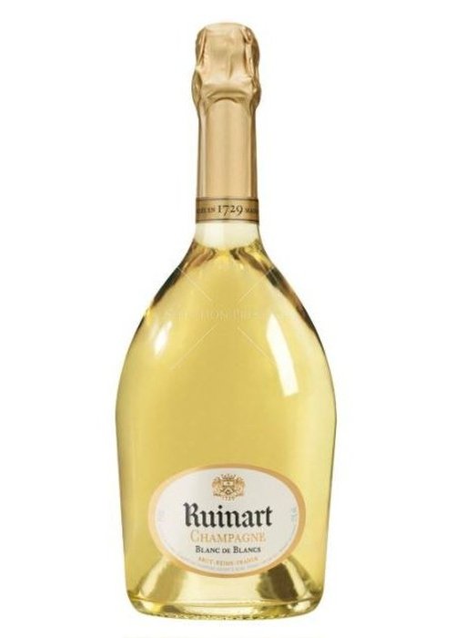 Ruinart Blanc de Blancs Champagne bottle, 100% Chardonnay sparkling wine with pale golden color and gold foil neck