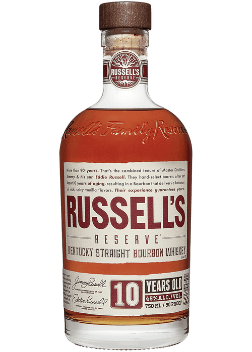 Russell's Reserve 10 Year Old Bourbon 750ml bottle with amber liquid and maroon label