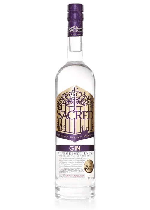 Sacred Gin 700ml London Dry bottle with purple cap and ornate gold label