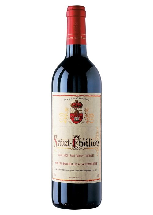 Saint-Emilion Union De Producteurs red wine bottle with cream label and gold crest