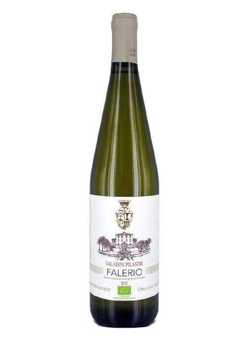 Saladini Pilastri Falerio organic white wine bottle with crest label and beige foil cap