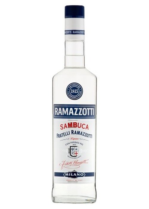 Ramazzotti Sambuca 700ml clear glass bottle with blue cap and white label