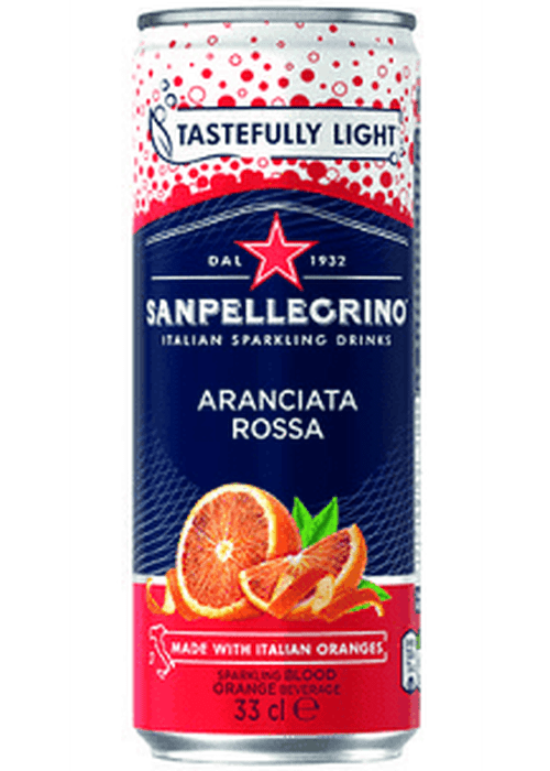 San Pellegrino Aranciata Rossa sparkling blood orange beverage can with Italian oranges