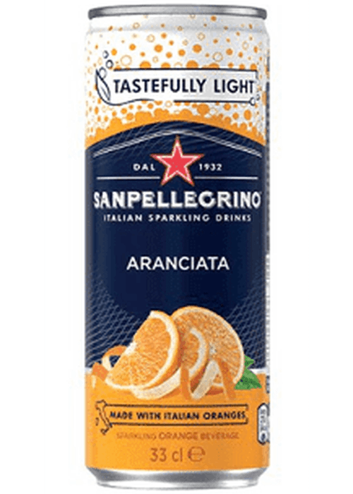 San Pellegrino Aranciata sparkling orange beverage can with Italian oranges