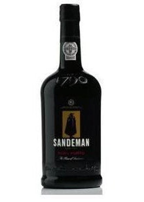 Sandeman Ruby Port 700ml bottle with iconic black label and red wine
