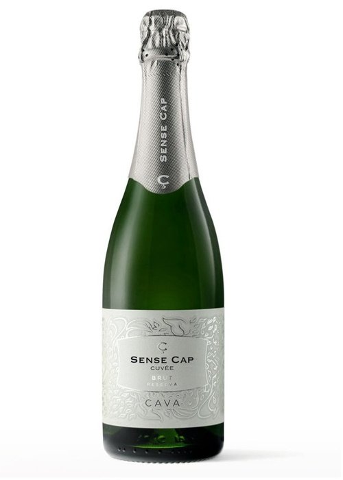 Sense Cap Cuvee Capcanes Brut Reserva Cava sparkling wine bottle with silver foil neck
