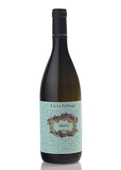 Livio Felluga Sharis Bianco white wine bottle with teal label and gold cartouche