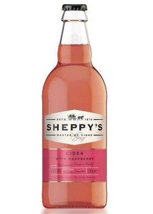 Sheppy's Raspberry Cider 500ml bottle with pinkish-amber liquid and black cap
