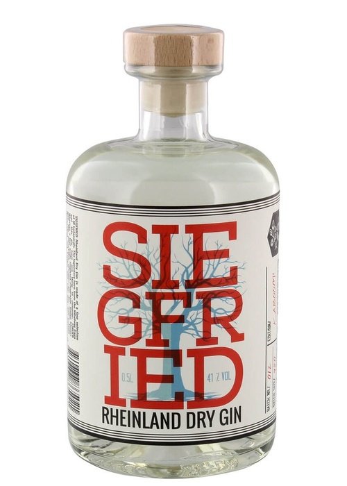 Siegfried Rheinland Dry Gin 500mL bottle with white label, red lettering, and blue tree silhouette
