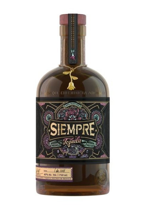 Siempre Tequila Anejo 700ml amber glass bottle with ornate black label and gold flower charm