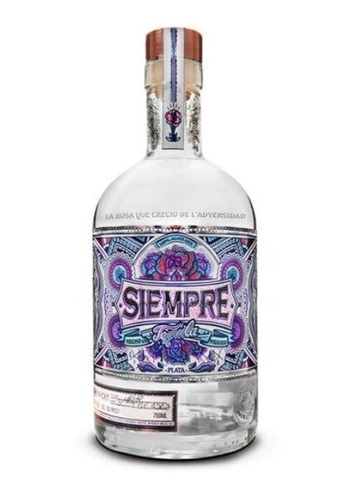 Siempre Tequila Plata 700ml clear glass bottle with floral label and copper cap