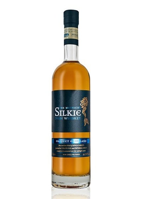 Silkie Midnight Irish Whiskey 700ml amber spirit bottle with dark blue label