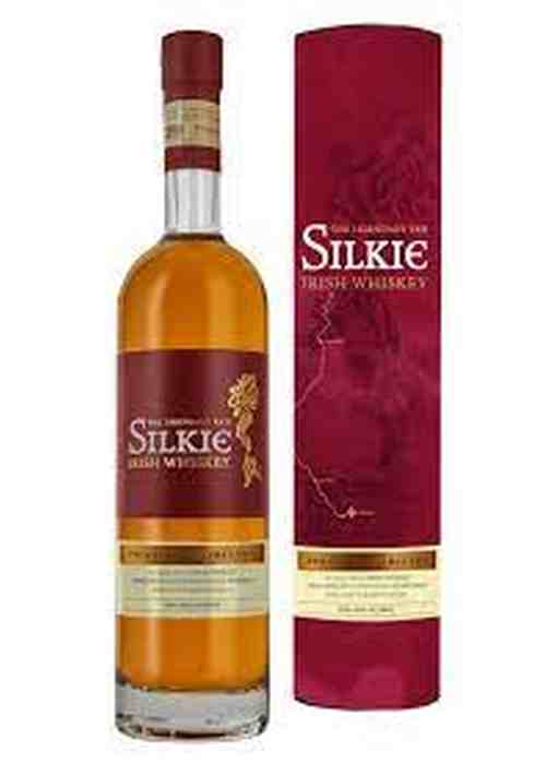 Silkie Irish Whiskey 700ml bottle with maroon label and gold accents alongside matching gift tube