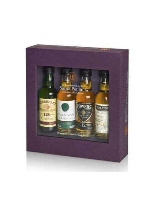 Single Pot Still Irish Whiskey gift pack with Redbreast, Green Spot, Powers, and Midleton miniatures