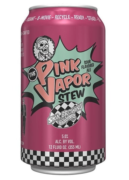 Ska Brewing Pink Vapor Stew sour ale 355ml can with pink label and comic explosion graphic