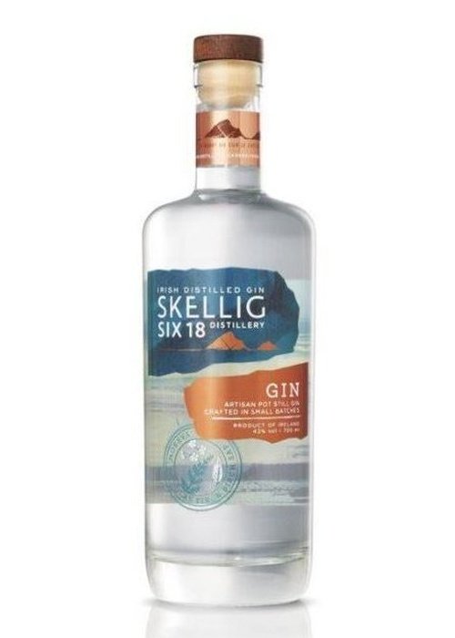 Skellig Six 18 Irish distilled gin bottle with cork stopper and layered blue orange label