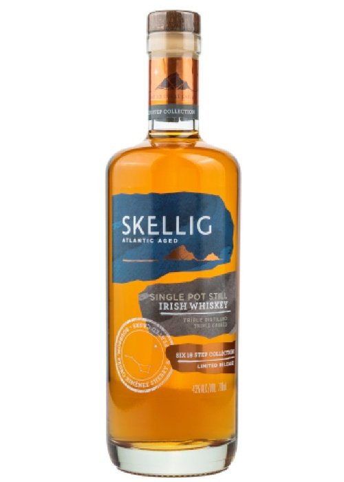 Skellig Triple Cask Single Pot Still Irish Whiskey bottle with blue coastal label