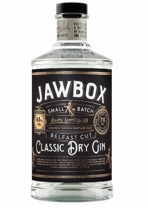 Jawbox Small Batch Belfast Cut Classic Dry Gin 70cl bottle with black label and gold text