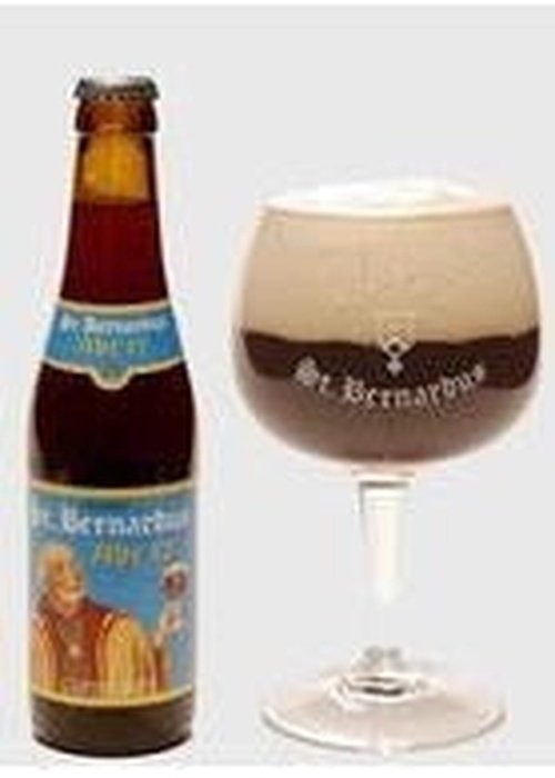 St. Bernardus Abt 12 dark amber Belgian beer in brown bottle with monk label and poured glass