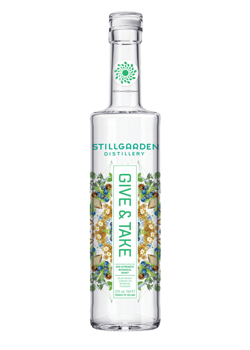 Stillgarden Give & Take mid-strength botanical spirit bottle with green label and Irish origin