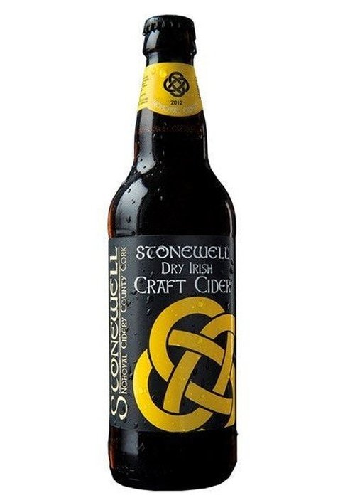 Stonewell Dry Irish Craft Cider 500ml bottle with black label and yellow knot logo