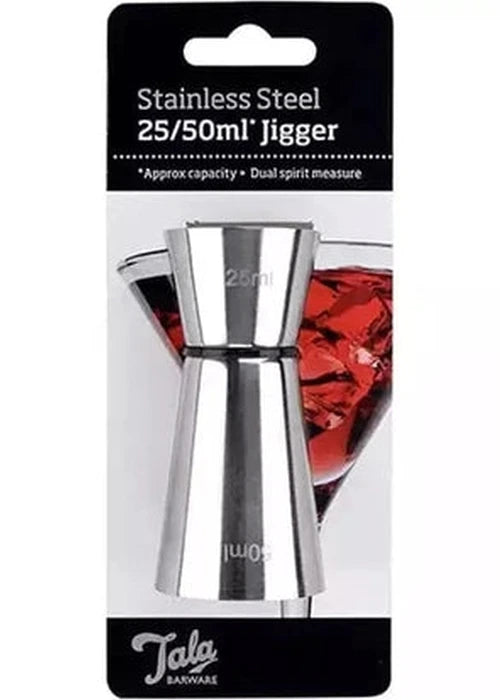 Tala stainless steel 25/50ml dual jigger in retail packaging with martini background