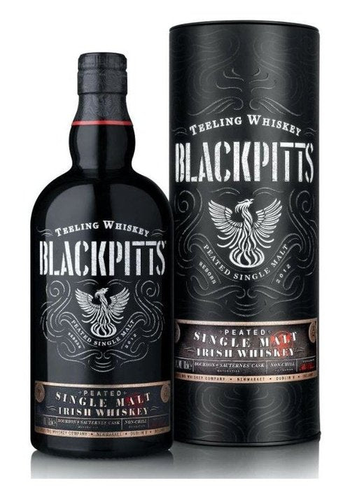 Teeling Blackpitts Peated Single Malt Irish Whiskey 700ml bottle and black gift tube packaging