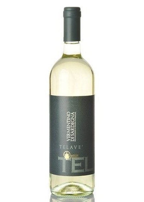 Telave Vermentino di Sardegna white wine bottle with pale lemon liquid and dark label
