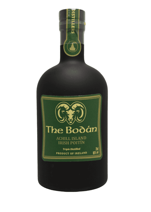 The Bodán Achill Island Poitin 700ml bottle with green label and gold ram logo