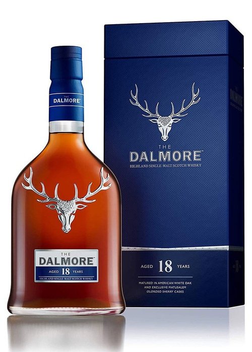 The Dalmore 18 Year Old Highland Single Malt Scotch Whisky bottle and navy box with stag emblem
