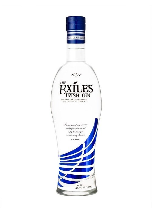 The Exiles Irish Gin 700mL bottle with blue wing graphic and Sherlock quote
