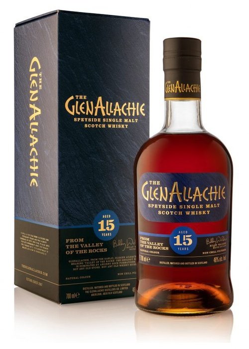 The GlenAllachie 15 Year Old Speyside Single Malt Scotch Whisky bottle with dark blue box