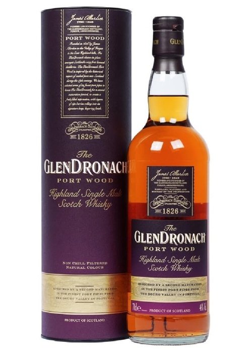 The Glendronach Port Wood 700ml Highland Single Malt Scotch Whisky bottle with black label and gold text alongside dark purple cylindrical packaging