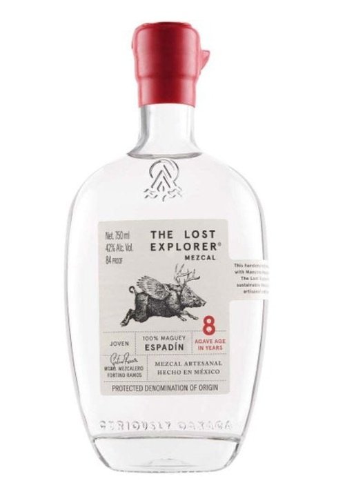 The Lost Explorer Espadin 8 Year Old Mezcal bottle with red cap and winged pig label