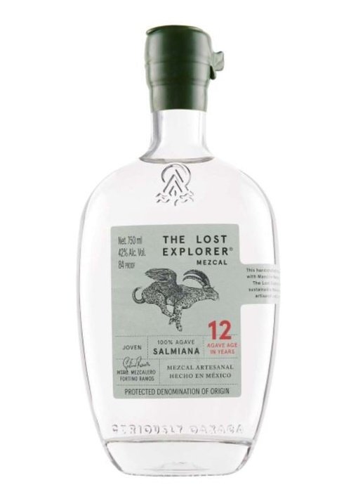 The Lost Explorer Salmiana 12 Year Old Mezcal bottle with goat illustration and green chili notes