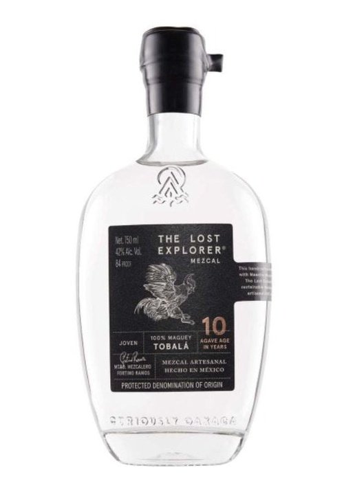 The Lost Explorer Tobola 10 Year Old Mezcal bottle with rooster label and black cap