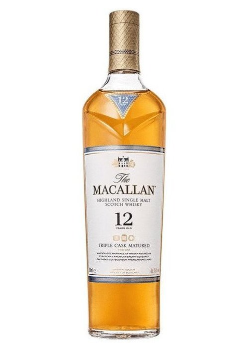 The Macallan 12 Year Old Triple Cask Highland Single Malt Scotch Whisky bottle with gold foil cap