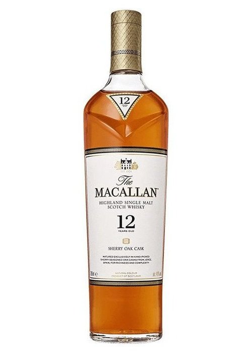 The Macallan 12 Year Sherry Oak Highland Single Malt Scotch Whisky bottle with gold foil neck and amber liquid
