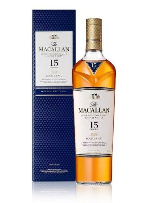 The Macallan 15 Year Old Double Cask single malt Scotch whisky bottle with blue textured box