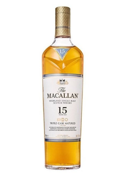 The Macallan 15 Year Old Triple Cask Highland Single Malt Scotch Whisky bottle with gold foil cap and blue label
